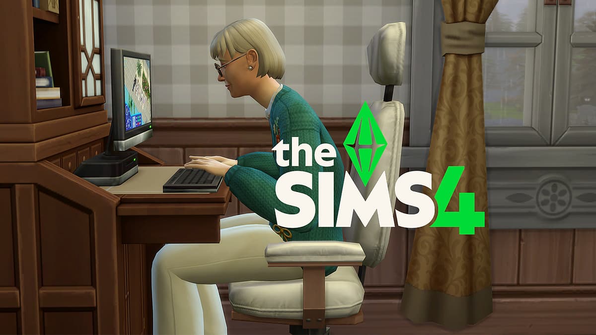 A Sim at a PC in The Sims 4