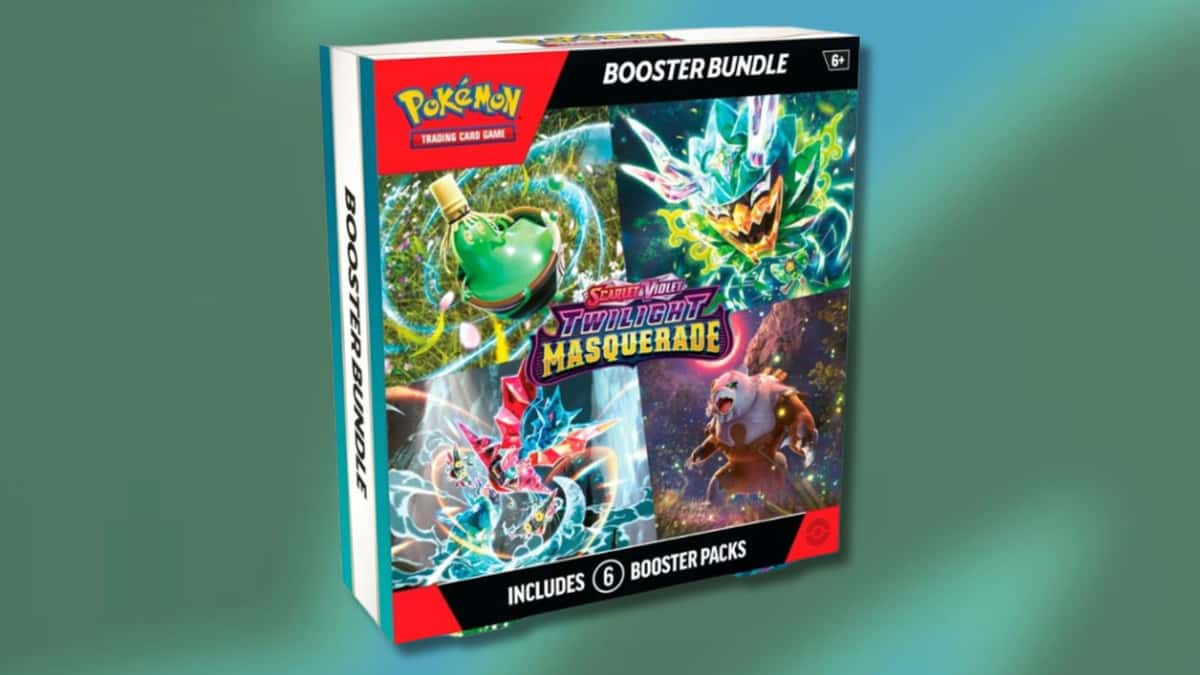 Twilight Masquerade Pokemon TCG booster bundle with blurry pattern background.