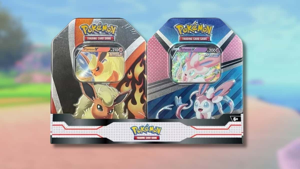 Flareon and Sylveon Pokemon TCG tins with game background.