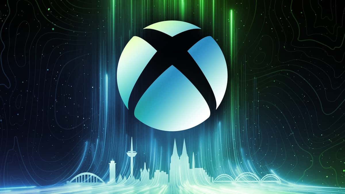 Xbox Logo on gradient background with a city on top of it