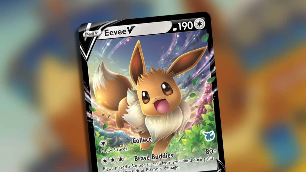 An Eevee Pokemon card is visible against a blurred background