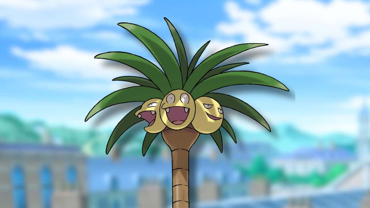 Alolan Exeggutor Pokemon with anime city background.