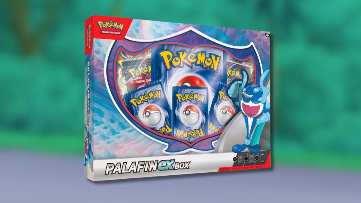 Palafin ex TCG box with Pokemon anime background.