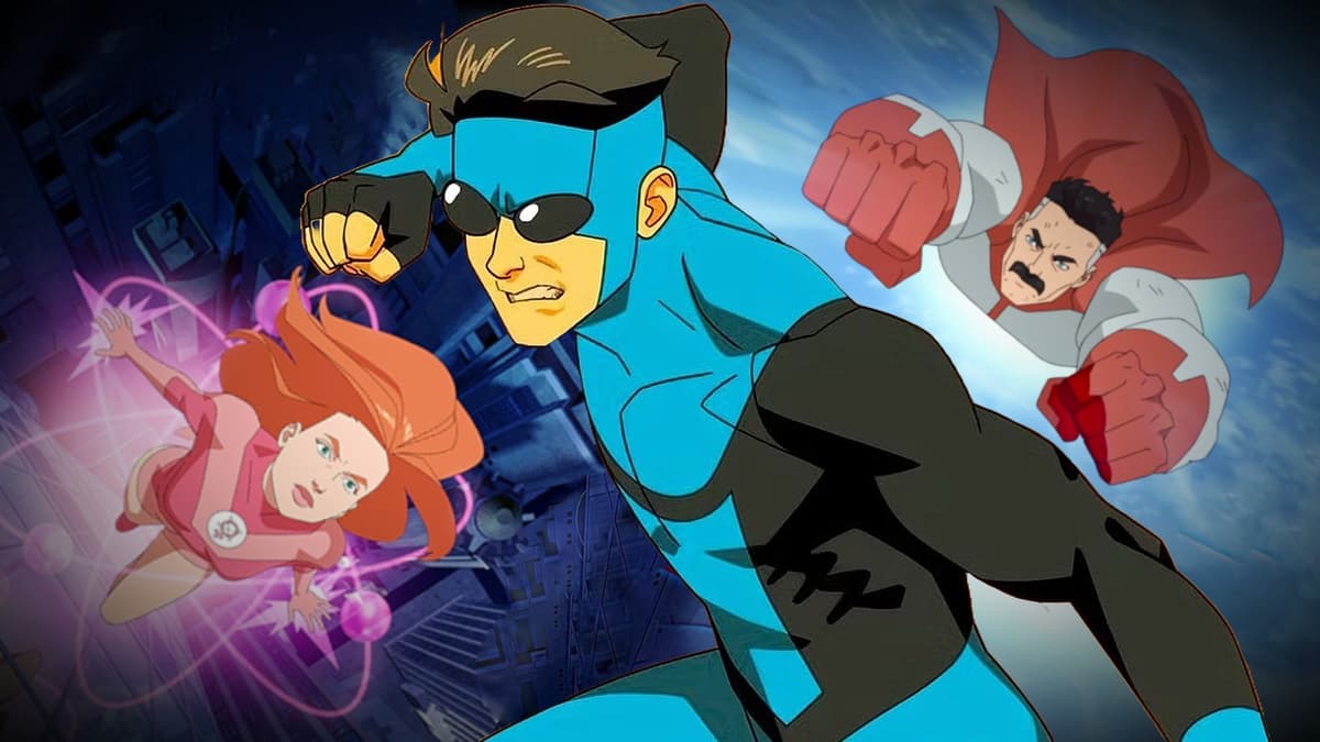 Mark in Invincible's blue suit and Atom Eve and Omni-Man