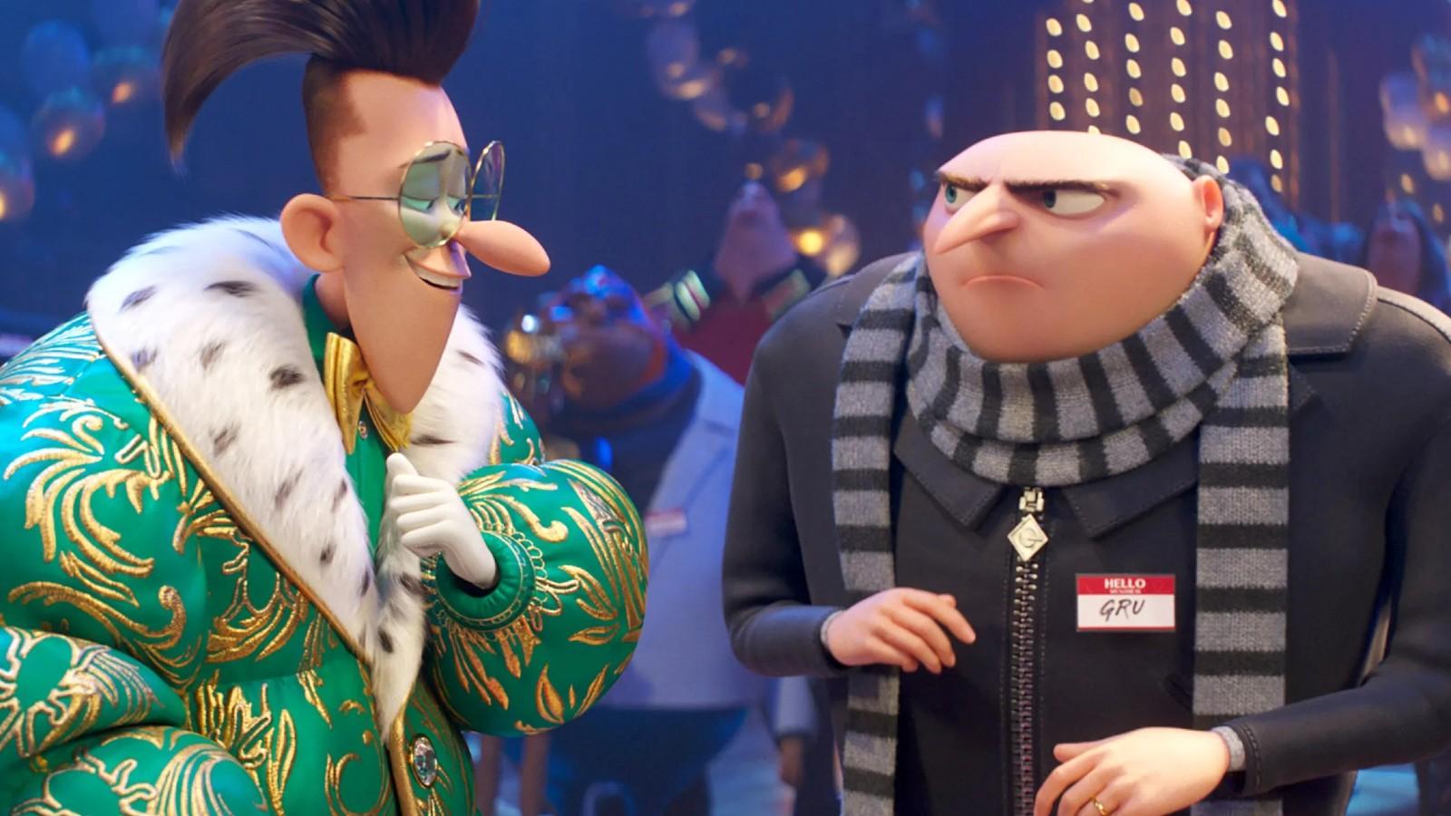 Gru chatting to a guy in a big green coat in Despicable Me 4.