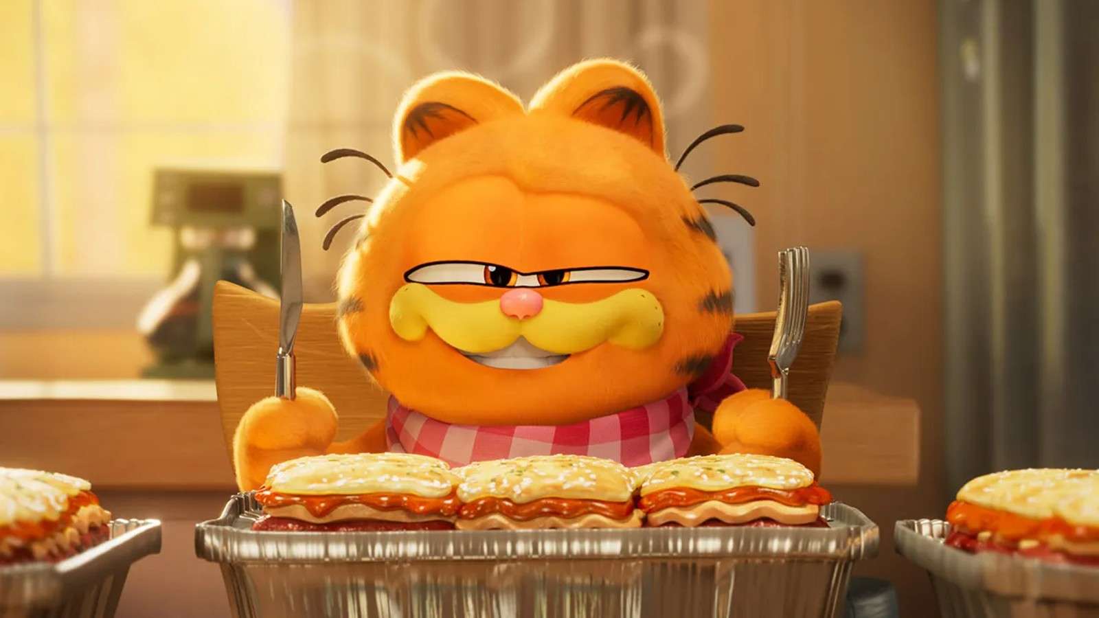 Garfield eating lasagna in the new Garfield movie.