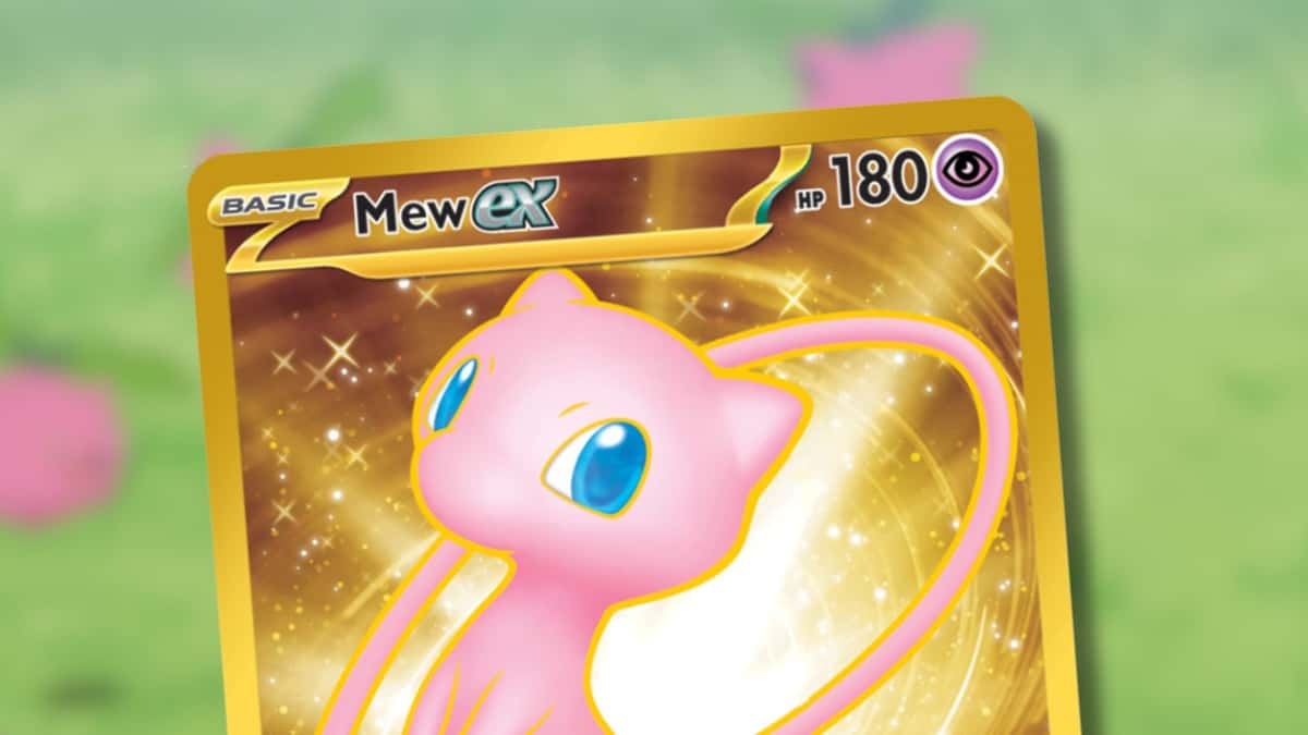 Mew HR card with Pokemon background.