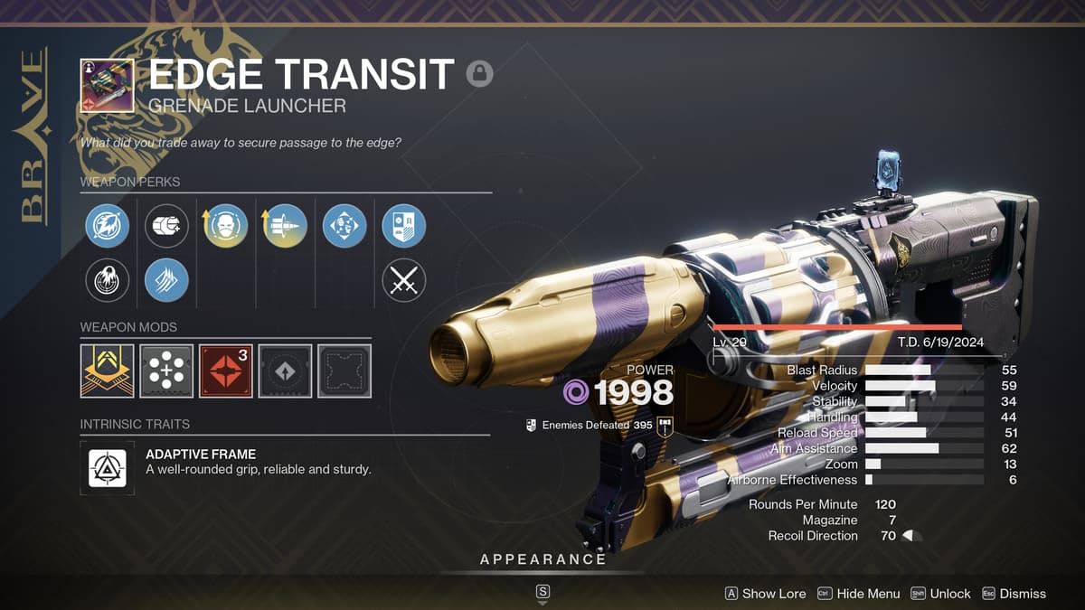 Edge Transit god roll in Destiny 2.