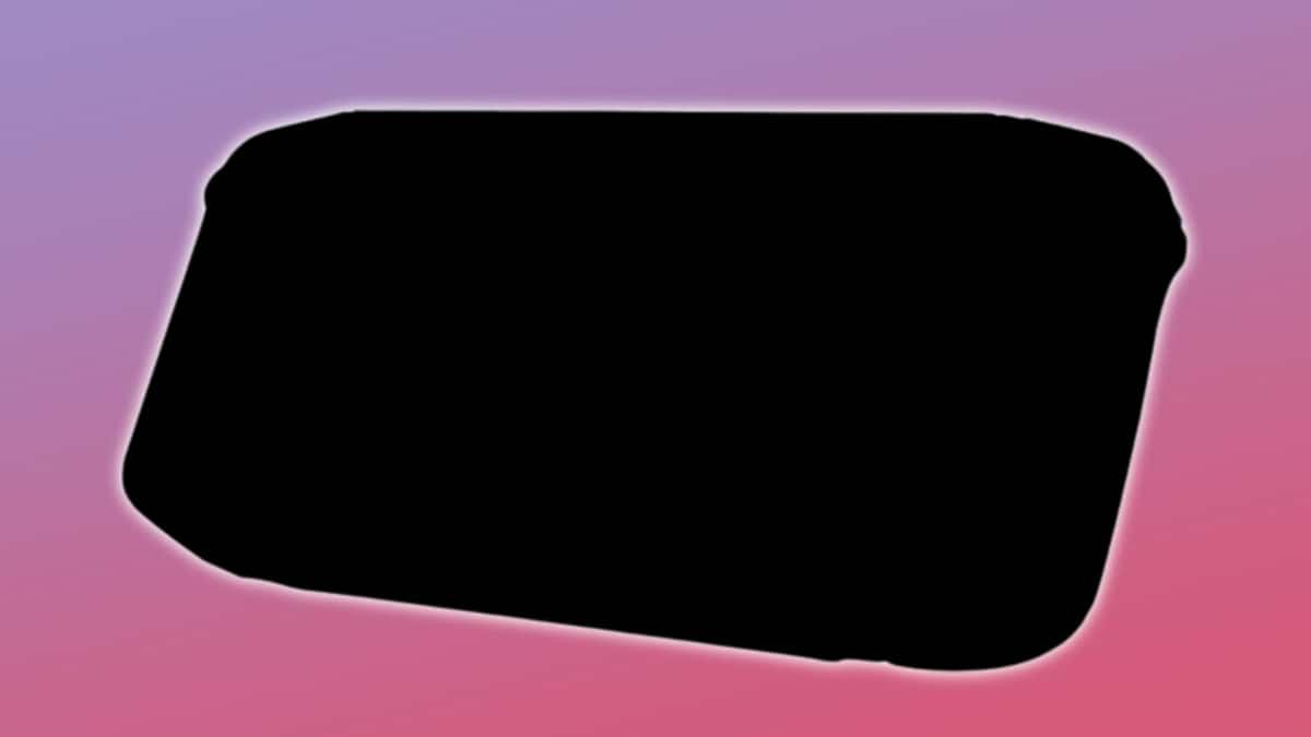 Image of the silhouette of a Lenovo Legion Go handheld, with a pink and purple background behind it.