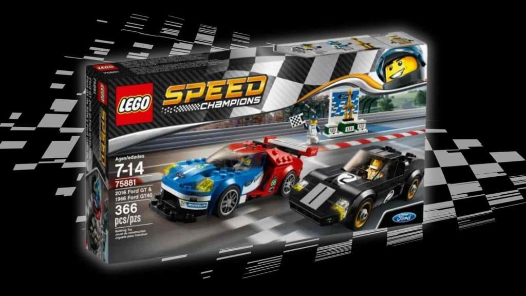 The LEGO Speed Champions 2016 Ford GT & 1966 Ford GT40 set on a black background with racing flag graphic
