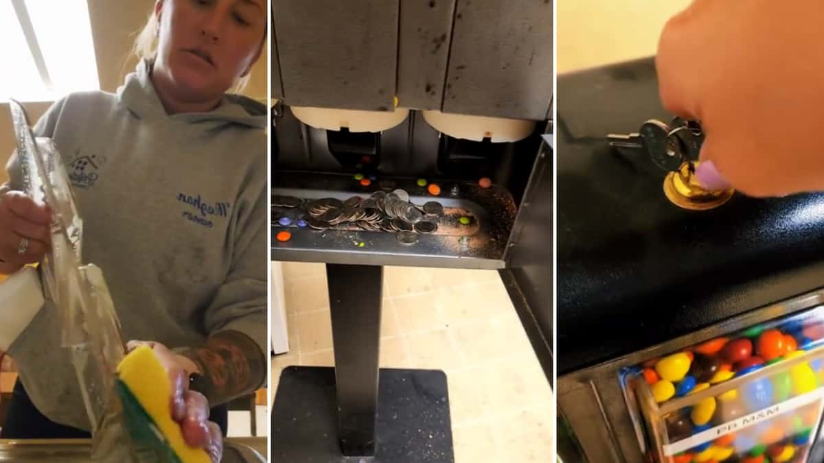 candy machine owner shows off inside for cleaning