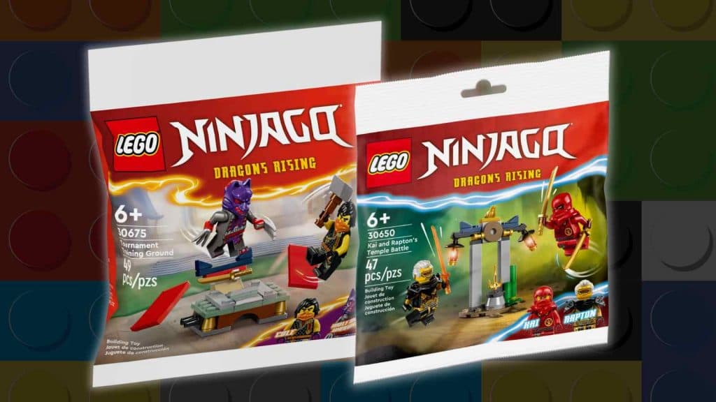 The LEGO NINJAGO Tournament Training Ground & Kai and Rapton's Temple Battle on a LEGO background