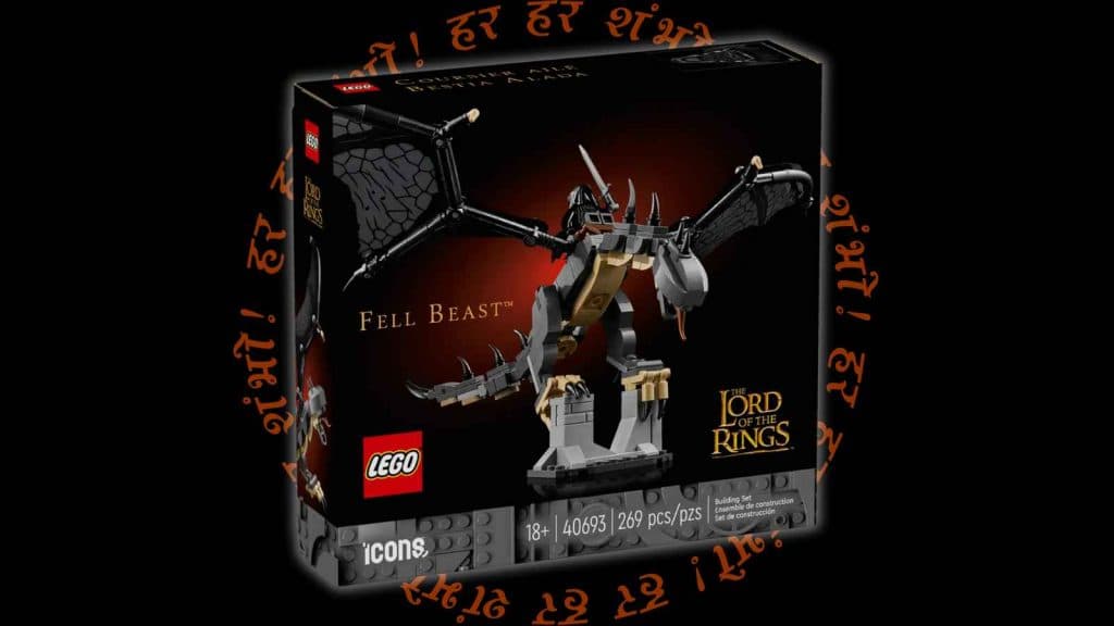The LEGO Fell Beast set on a black background with LOTR graphic