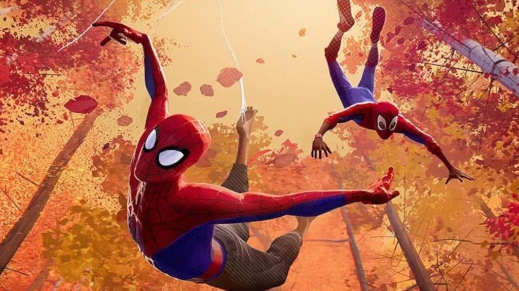 Peter B Parker and Miles Morales swing in Spider-Man: Into the Sppider-Verse