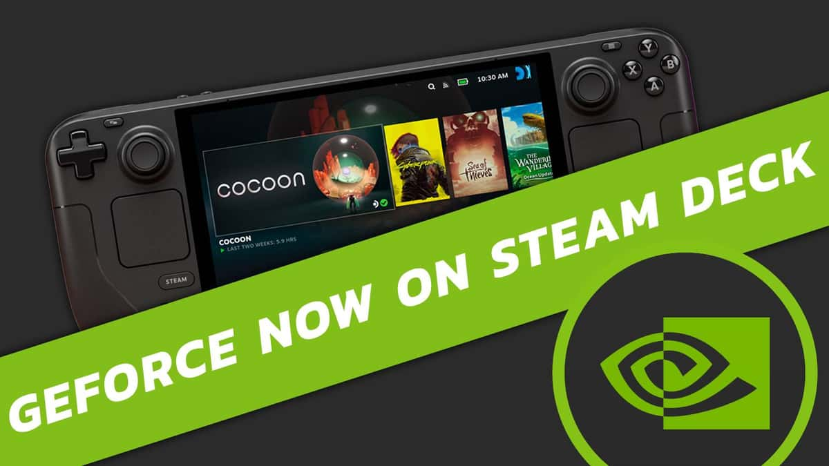 Image of a Steam Deck, with a green banner and the Nvidia logo in the right corner.