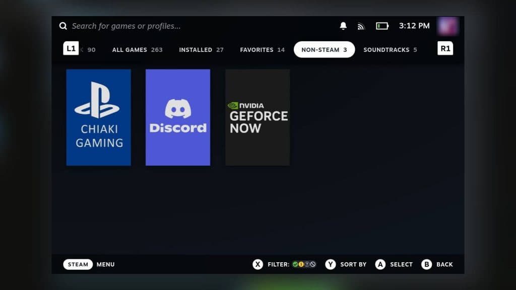 Снимок экрана вкладки стороннего режима игрового режима на Steam Deck.