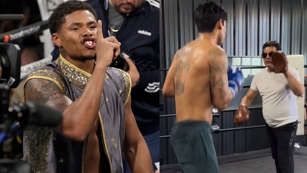 Shakur Stevenson (left), and Ryan Garcia (center) training with his father Henry Garcia (right).