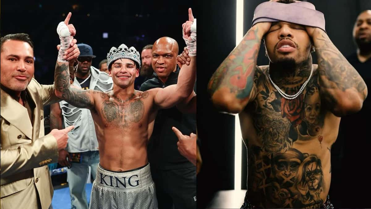 Oscar De La Hoya (left) with Ryan Garcia (center) after his win over Devin Haney on April 20, and Gervonta Davis (right).