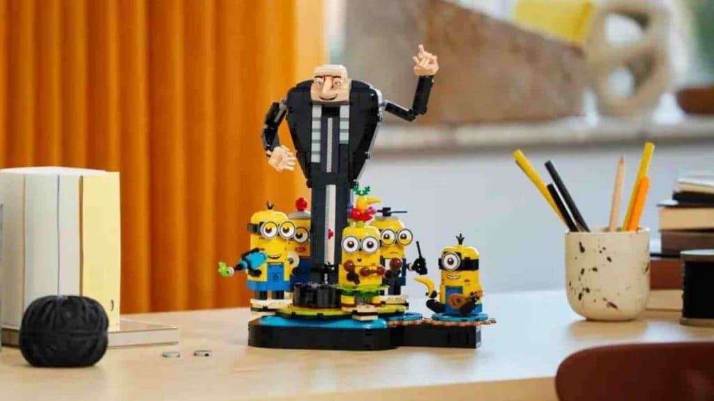The LEGO Despicable Me 4 Brick-Built Gru and Minions on display