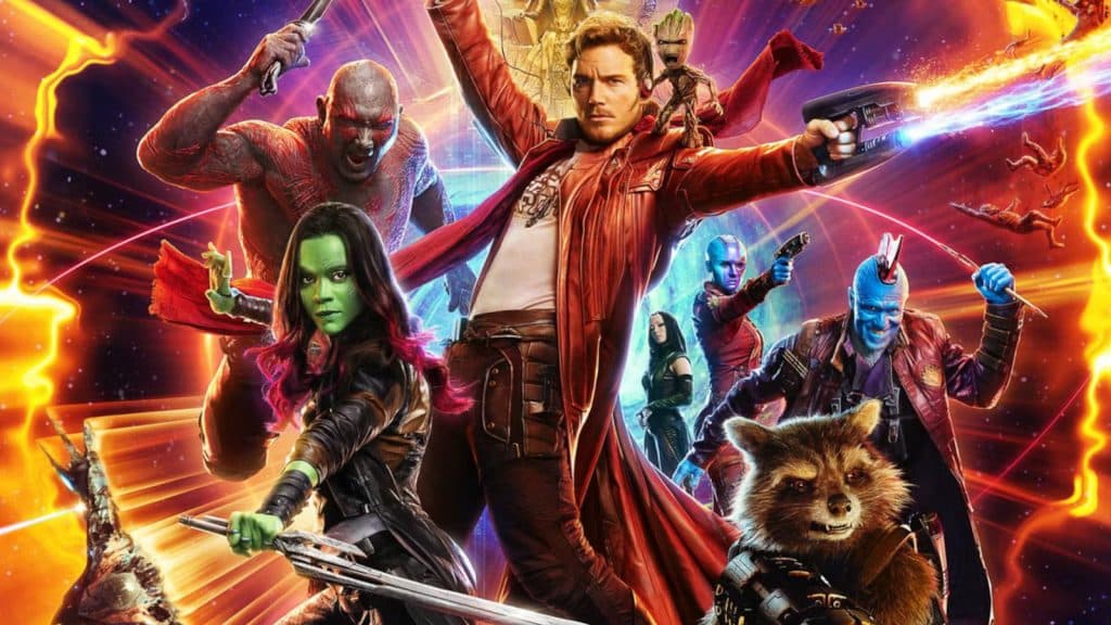 The Guadians of the Galaxy Vol 2 poster featuring Star Lord, Gamora, Rocket, Groot, Nebula, and Drax