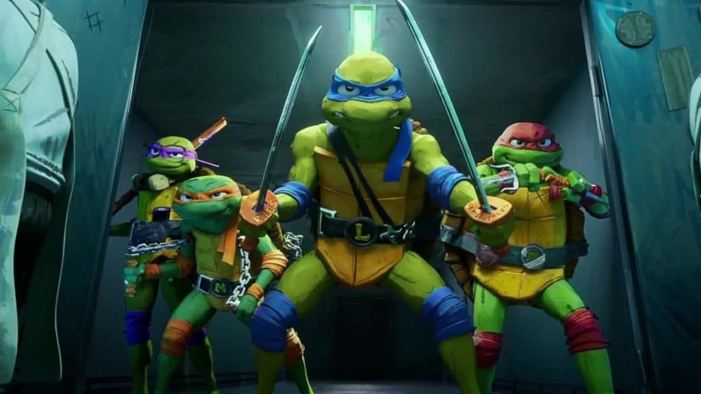 The Teenage Mutant Ninja Turtles pose with their weapons in Mut6ant Mayhem/