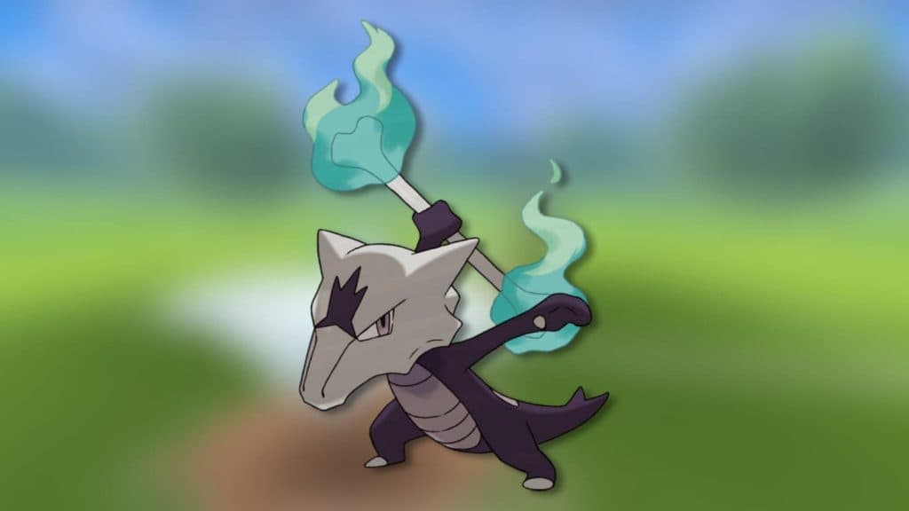 The Pokemon Alolan Marowak appears against a blurred background