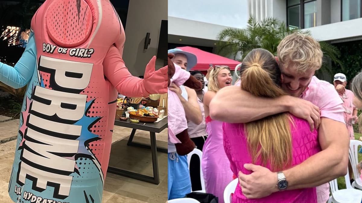 Logan Paul and Nina Adgal wearing pink next to boy or girl Prime bottle