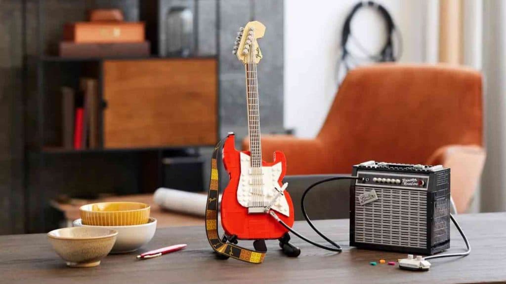 The LEGO Ideas Fender Stratocaster on display