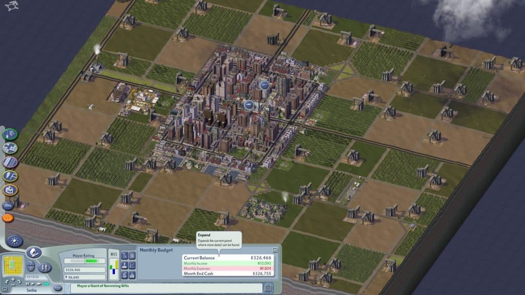 A large city surrounded by farms in SimCity 4