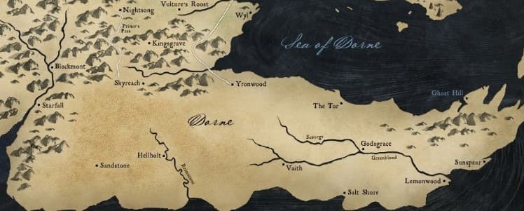 A map of Westeros showing Dorne.