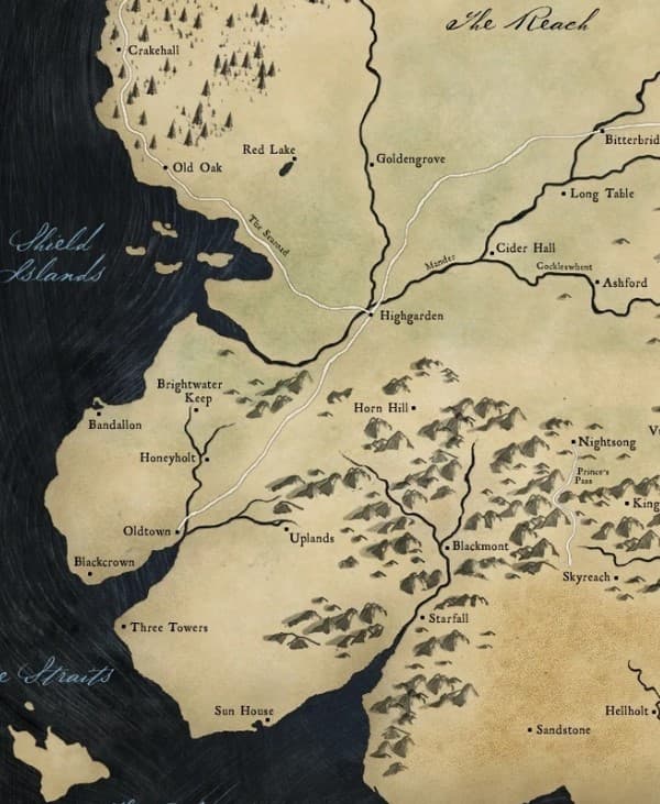 A map of Westeros showing the Reach.