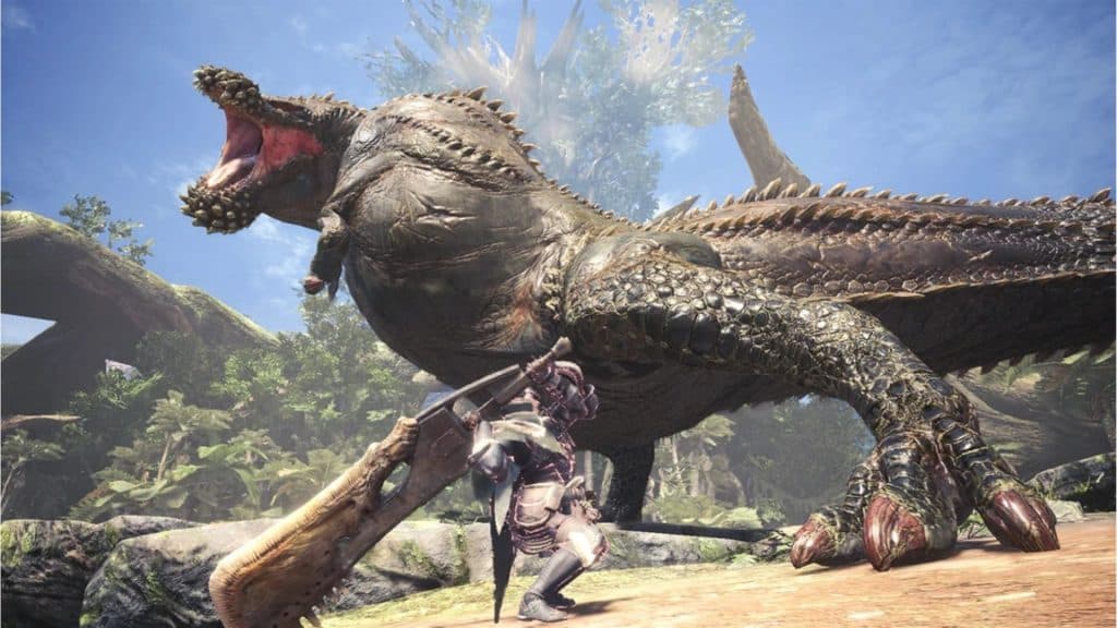 Hunter fighting Deviljho with a Greatsword in Monster Hunter World