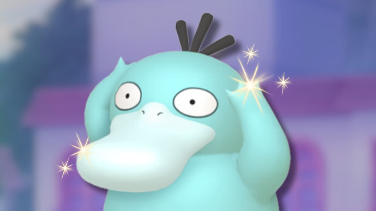 Shiny Psyduck with Pokemon Scarlet and Violet background.