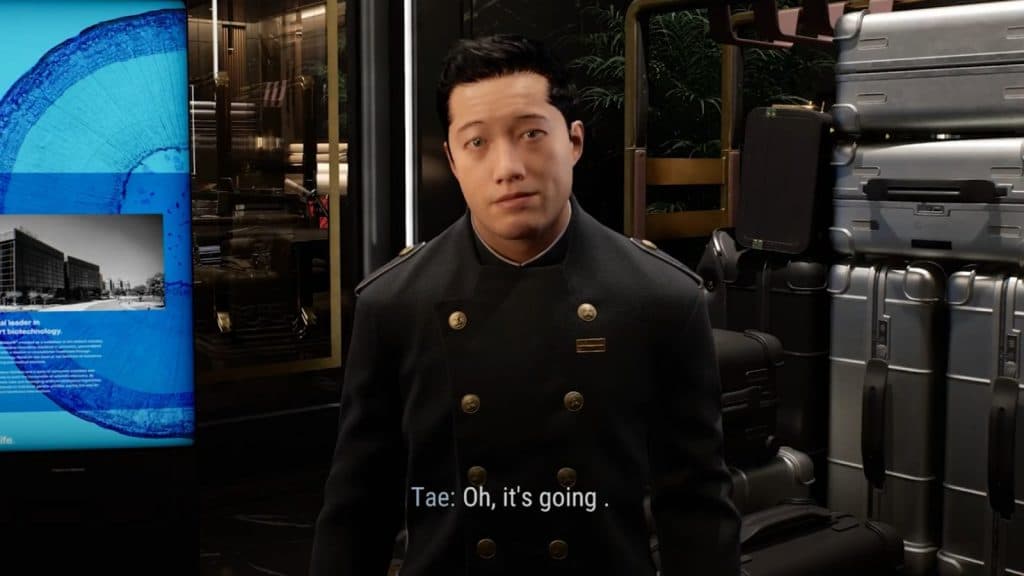 A Korean bellboy in the Nvidia covert protocol demo against a cyberpunk background