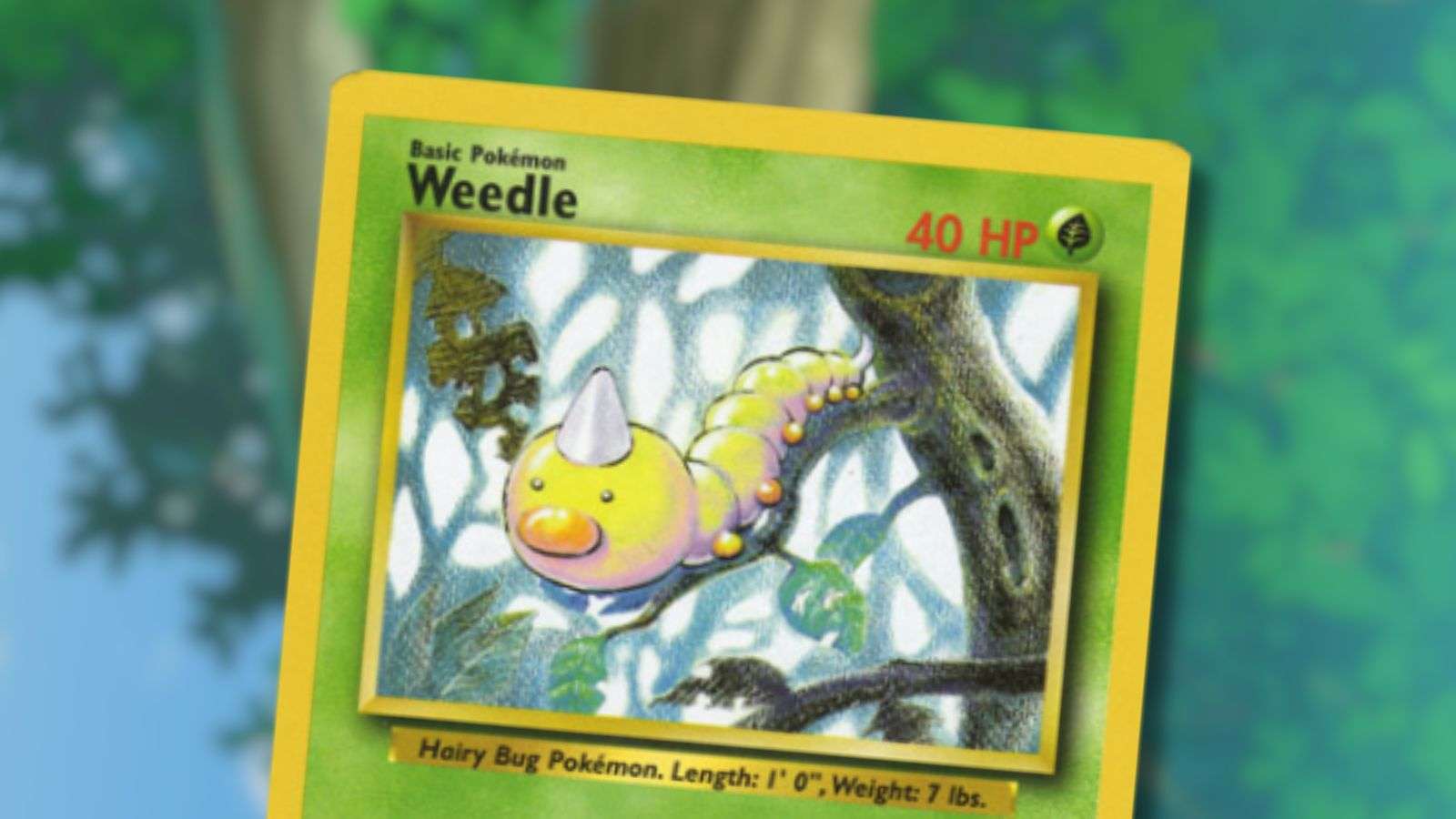 Weedle Pokemon card with anime background.