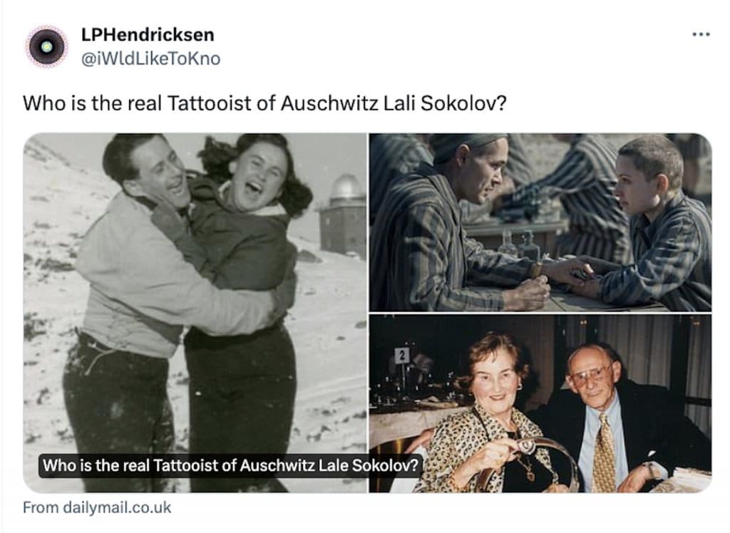 Tweet about The Tattooist of Auschwitz true story