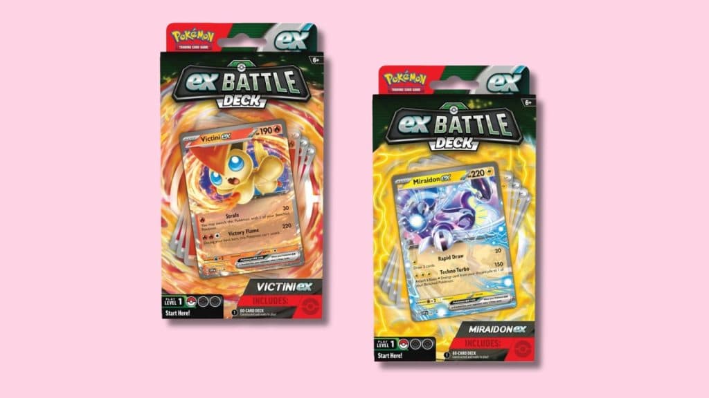 Victini and Miraidon ex Battle Deck product photos.