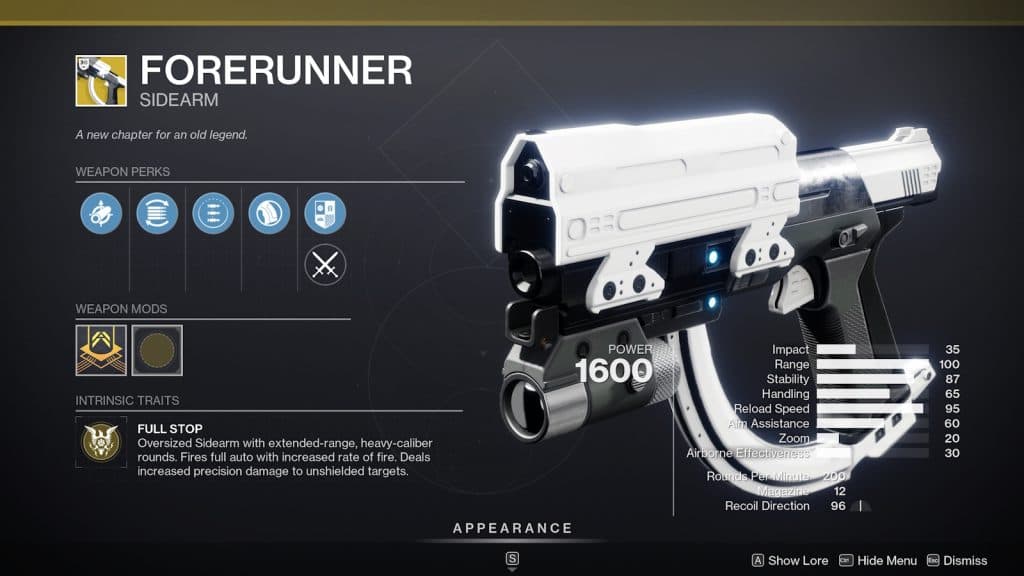 Forerunner exotic sidearm summary in Destiny 2.