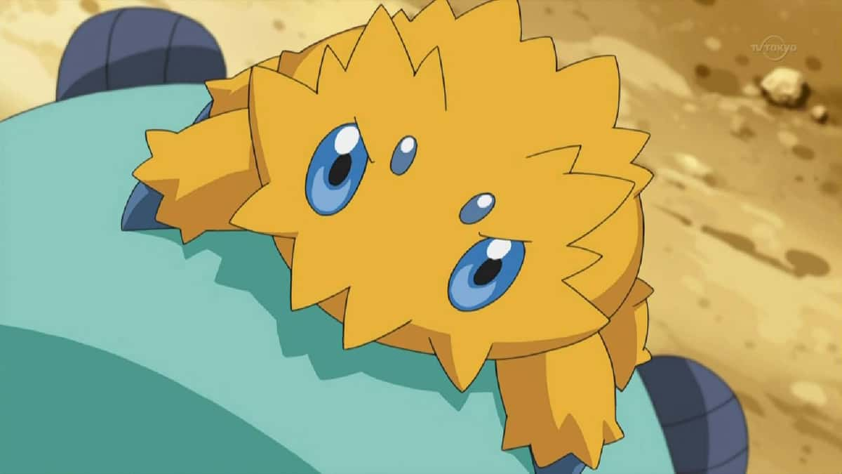 A screenshot from hte Pokemon anime shows the small Pokemon Joltik