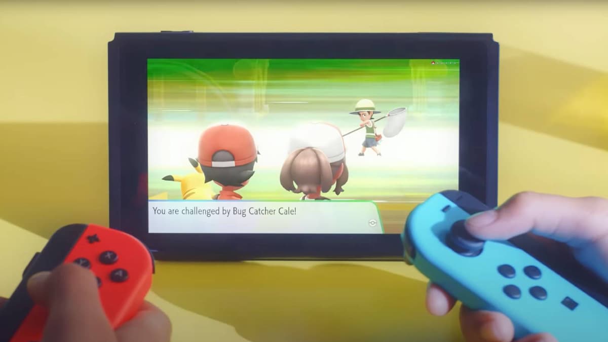 A Nintendo Switch is shown playing Pokemon Let's Go