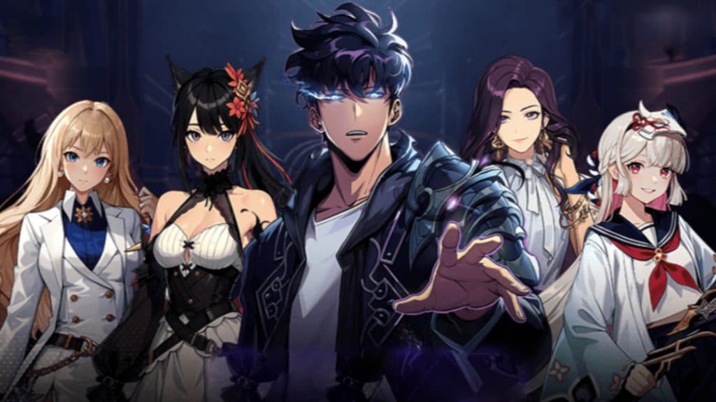 Solo Leveling: Arise image featuring main character Sung Jinwoo and other Hunter characters from the game.