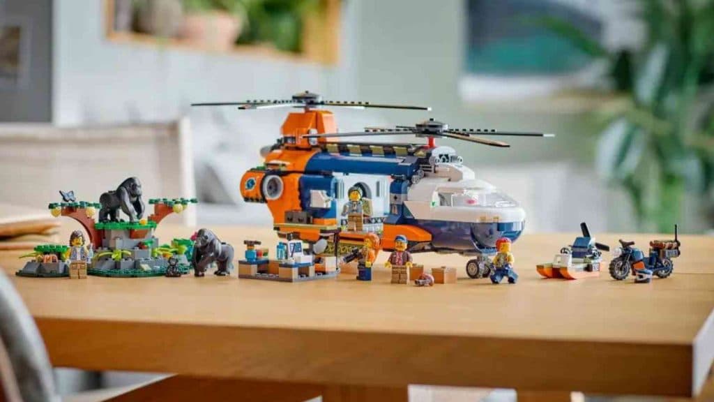 The LEGO City Jungle Explorer Helicopter at Base Camp on display