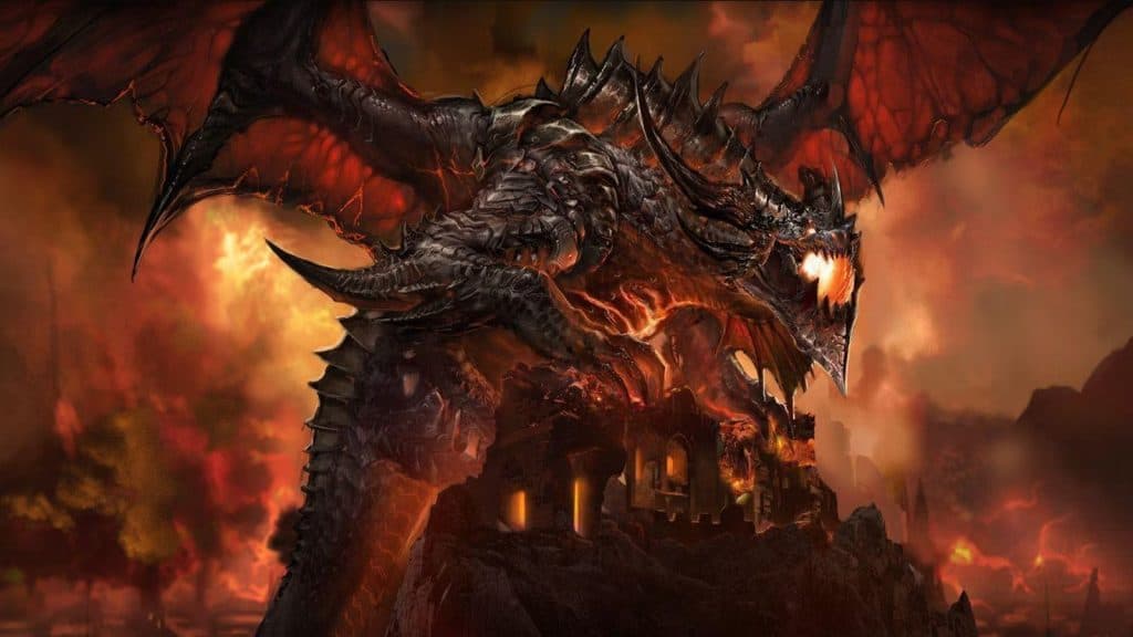 Deathwing stands atop the ruins of a castle