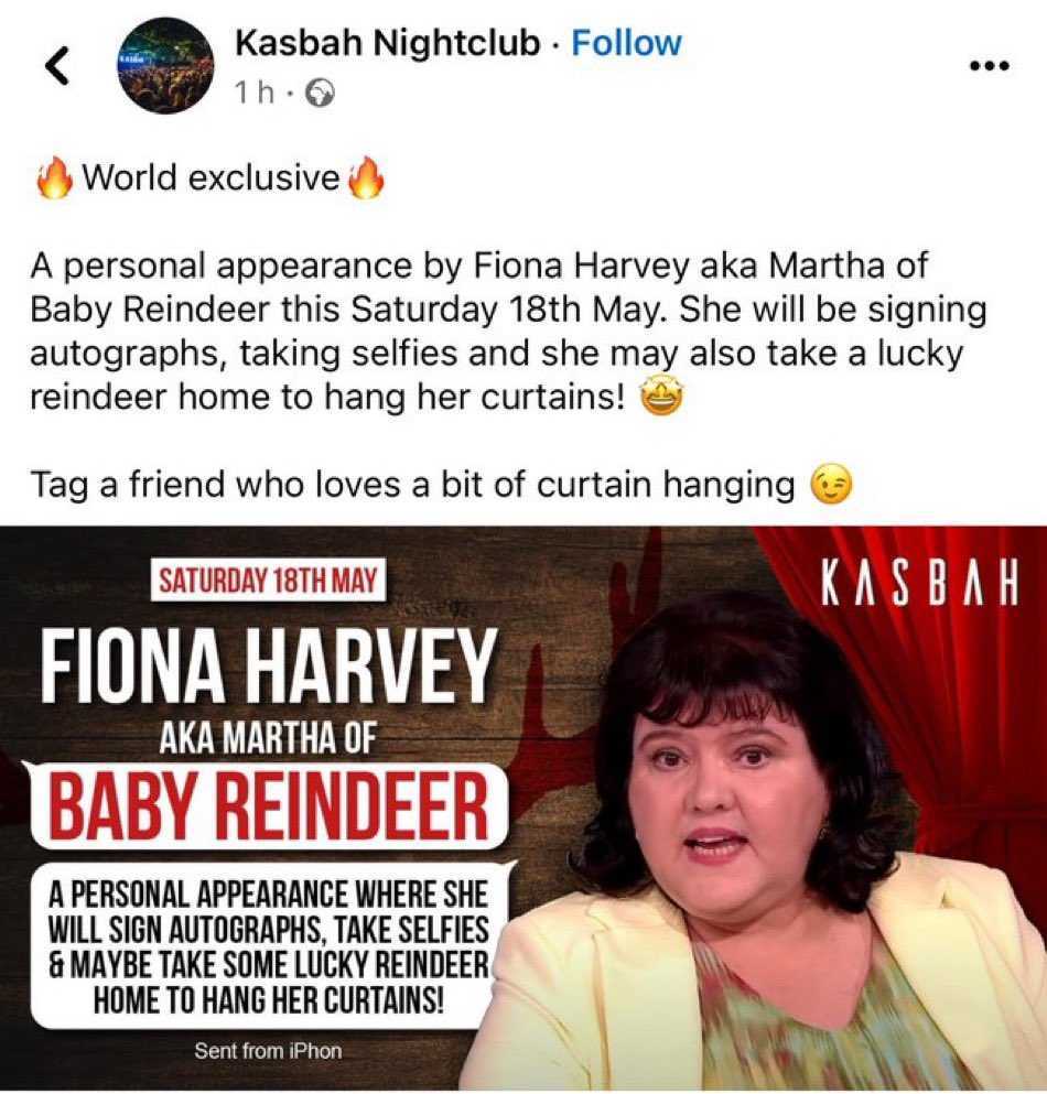 A Facebook post of a fake nightclub appearance from Fiona Harvey, Baby Reindeer's real-life Martha