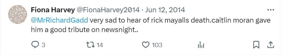A screenshot of Fiona Harvey's tweet to Richard Gadd