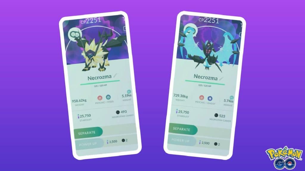 Two phones show Dusk Mane and Dawn Wings Necrozma, and a button which allows users to seperate the Fusions