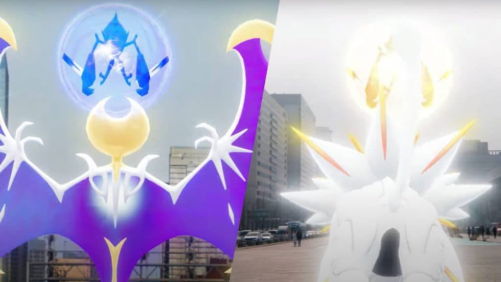 Necrozma appears opposite both Solgaleo and Lunala