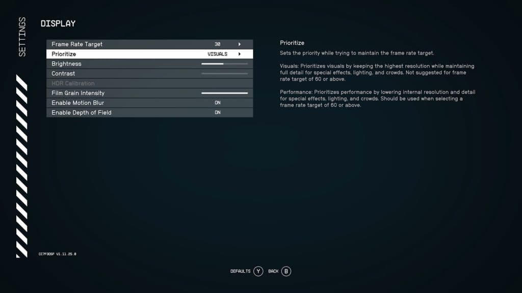 New Xbox Series X graphics settings in Starfield May Update.