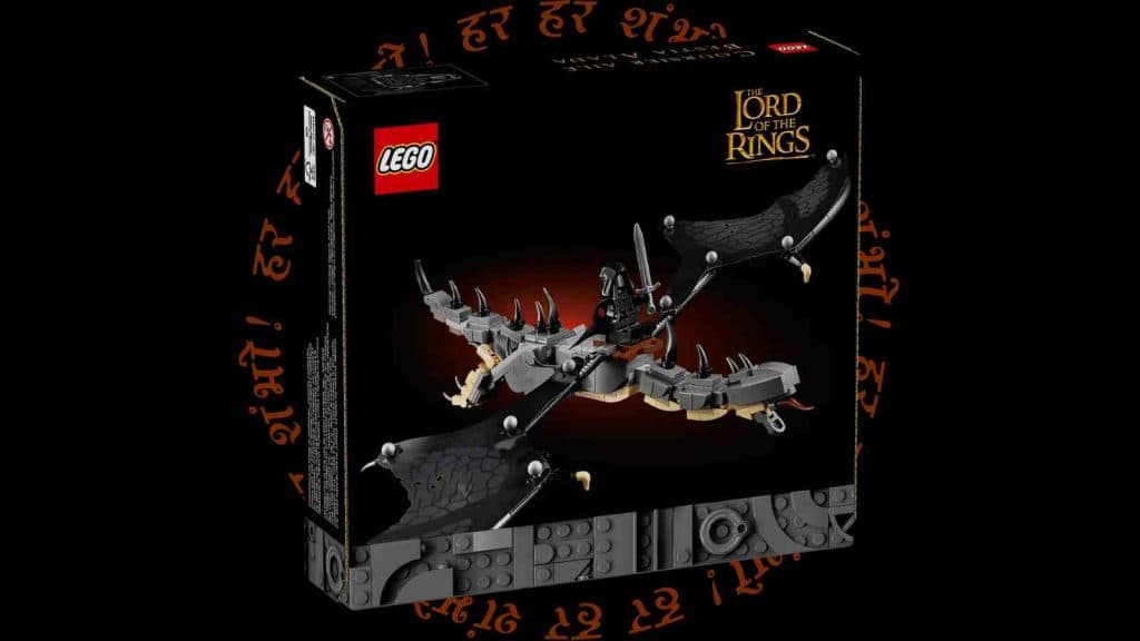 The LEGO Icons The Lord of the Rings: Fell Beast on a black background with a Lord of the Rings graphic