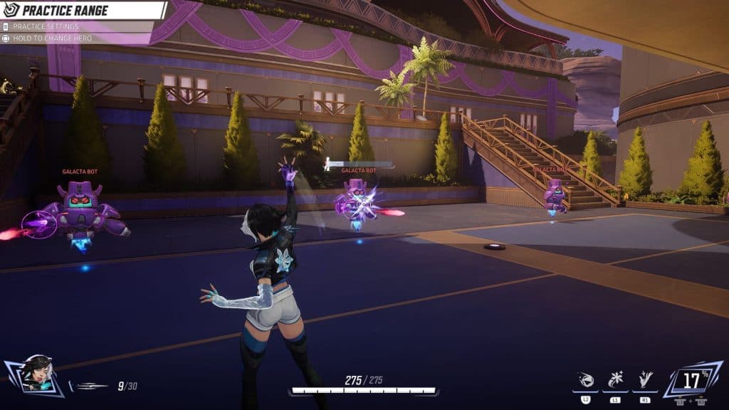 A screenshot of Luna Snow using her primary weapon in the practice range in Marvel Rivals.